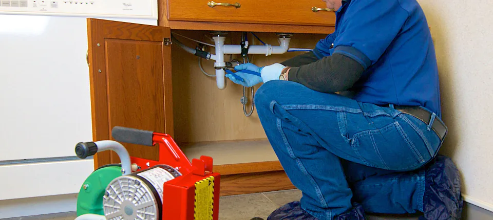 A Bob Frame Plumbing technician clearing a drain under a kitchen sink